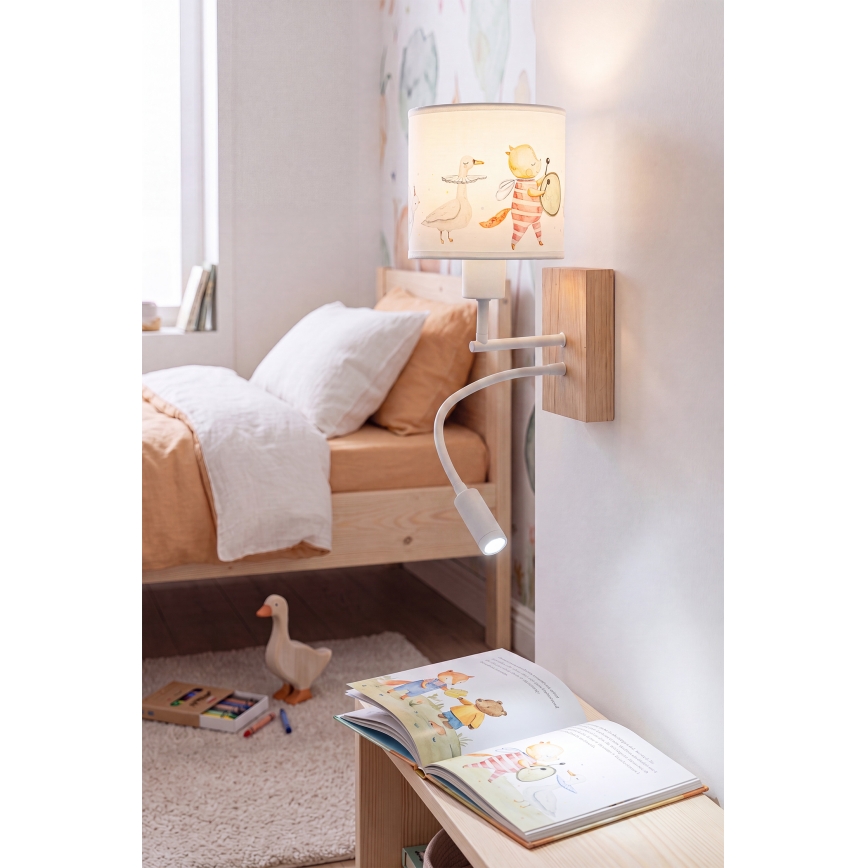 Brilagi - LED flexible Kinder-Wandleuchte BOBO WOOD 1xE27/25W/230V + LED/3W Eiche/Weiß/Tiermotive