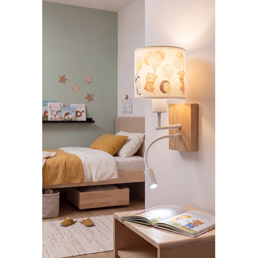 Brilagi - Flexible LED-Kinder-Wandleuchte BOBO WOOD 1xE27/25W/230V + LED/3W Eiche/weiß/Tiermotive