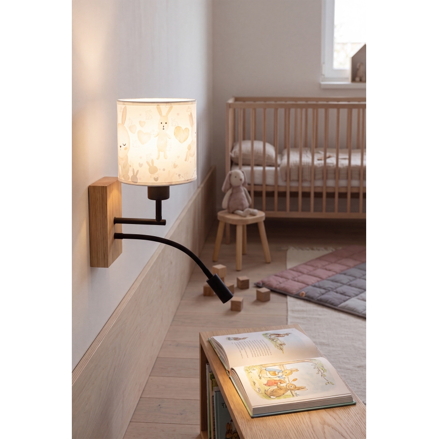 Brilagi - LED flexible Kinder-Wandleuchte BOBO WOOD 1xE27/25W/230V + LED/3W Eiche/schwarz/weiß/Häschen