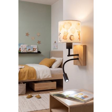 Brilagi - LED flexible Kinder-Wandleuchte BOBO WOOD 1xE27/25W/230V + LED/3W Eiche/Schwarz/Weiß/Tiermotive