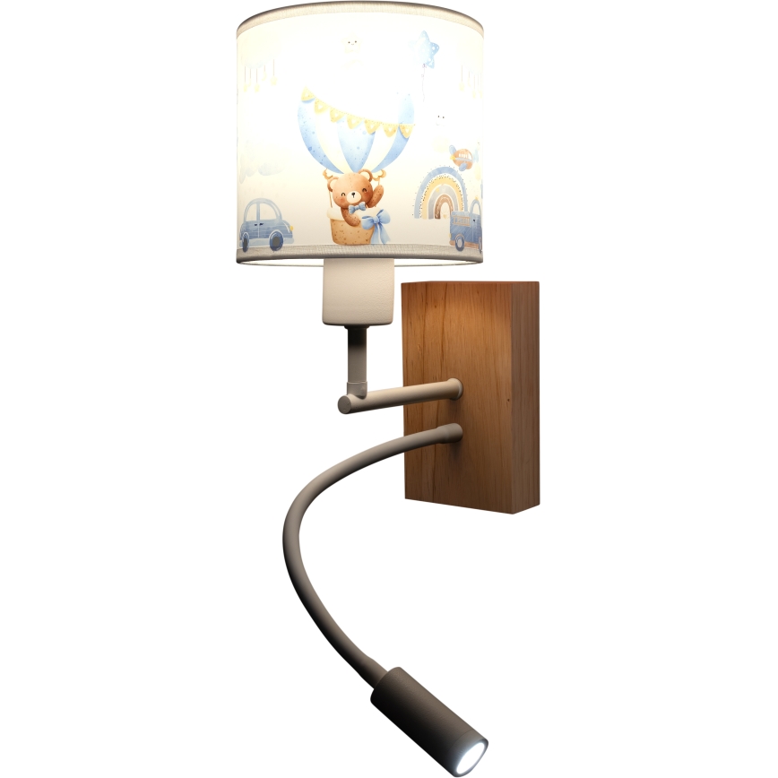 Brilagi - LED Flexible Kinder-Wandleuchte BOBO WOOD 1xE27/25W/230V + LED/3W Eiche/weiß/blau/Teddybär-Motiv