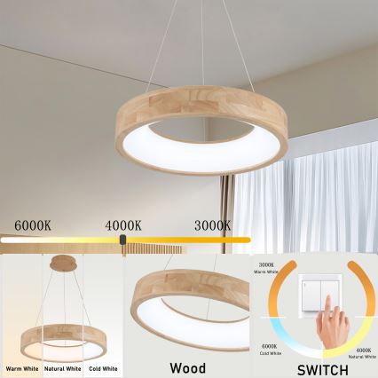 Brilagi - LED-Pendelleuchte an Kabel FALCON WOOD LED/30W/230V 3000/4000/6000K Ø 45 cm Holz