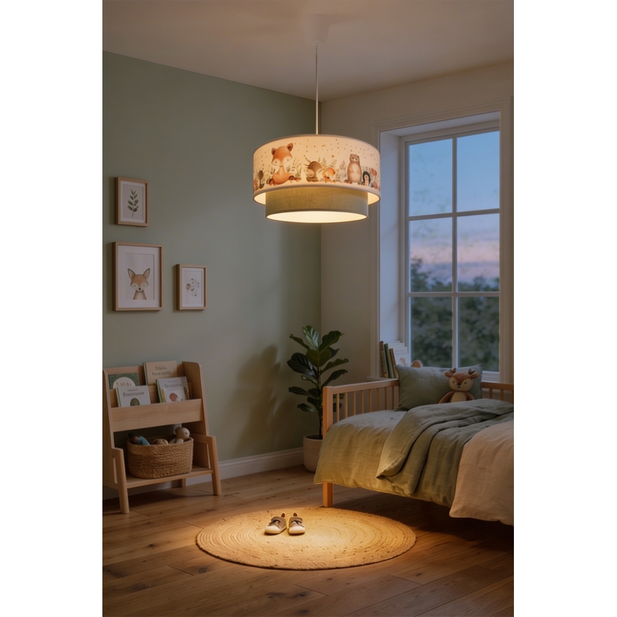 Brilagi - LED-Pendelleuchte für Kinder BOBO an Kabel 1xE27/10W/230V Ø 40 cm weiß/grün mit Tiermotiven