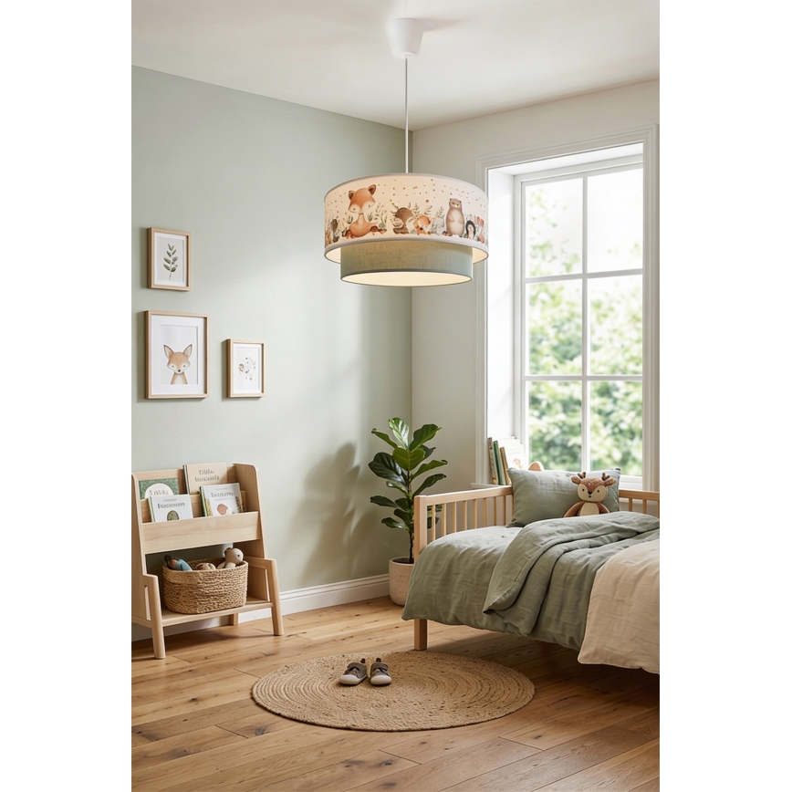 Brilagi - LED-Pendelleuchte für Kinder BOBO an Kabel 1xE27/10W/230V Ø 40 cm weiß/grün mit Tiermotiven
