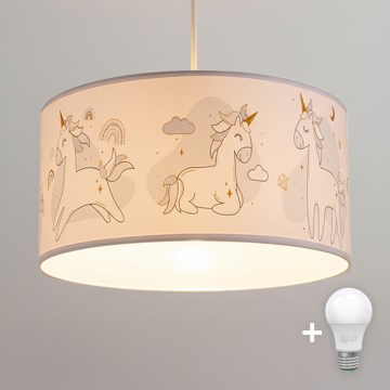 Brilagi - LED-Kinder-Pendelleuchte BOBO an Kabel, 1xE27/60W/230V, Ø 35 cm, weiß mit Einhörnern