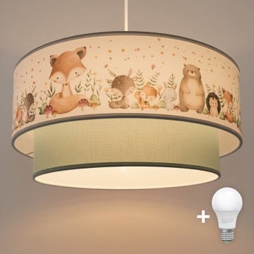 Brilagi - LED-Kinder-Pendelleuchte mit Kabel BOBO 1xE27/60W/230V Ø 40 cm weiß/grün/Tiermotive