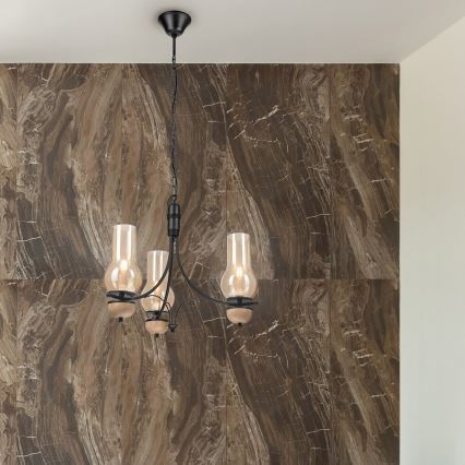 Brilagi - LED-Kronleuchter an Kette COTTAGE 3xE14/40W/230V Eiche/Schwarz/rauchiges Beige