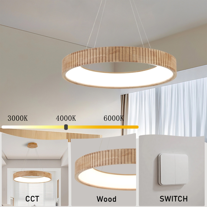 Brilagi - LED-Pendelleuchte mit Seilaufhängung FALCON WOOD MODERN LED/40W/230V 3000/4000/6000K Ø 60 cm Holz