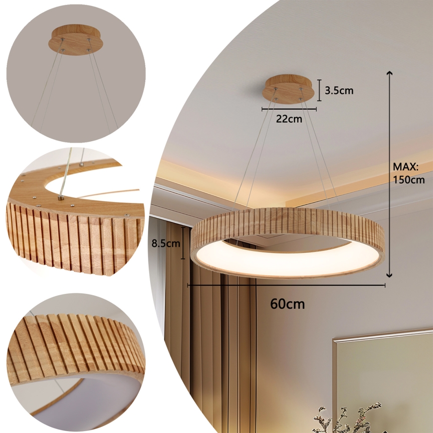 Brilagi - LED-Pendelleuchte mit Seilaufhängung FALCON WOOD MODERN LED/40W/230V 3000/4000/6000K Ø 60 cm Holz