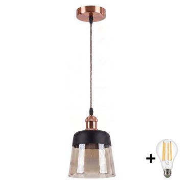 Brilagi - LED-Pendelleuchte an Kabel RETRO GLASS 1xE27/60W/230V Ø 15,5 cm kupfer/rauchiges Beige/schwarz