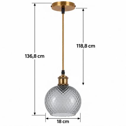 BRILAGI - LED-Pendelleuchte an Drahtseil RETRO GLASS 1xE27/60W/230V Ø 18 cm Gold/Rauchgrau