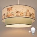 Brilagi - LED-Pendelleuchte für Kinder BOBO an Kabel 1xE27/10W/230V Ø 40 cm weiß/grün mit Tiermotiven