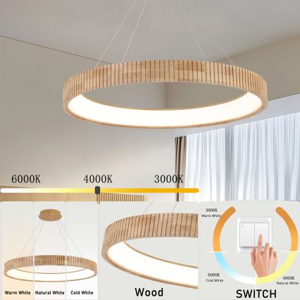Brilagi - LED-Pendelleuchte mit Seil FALCON WOOD MODERN LED/60W/230V 3000/4000/6000K Ø 80 cm Holz