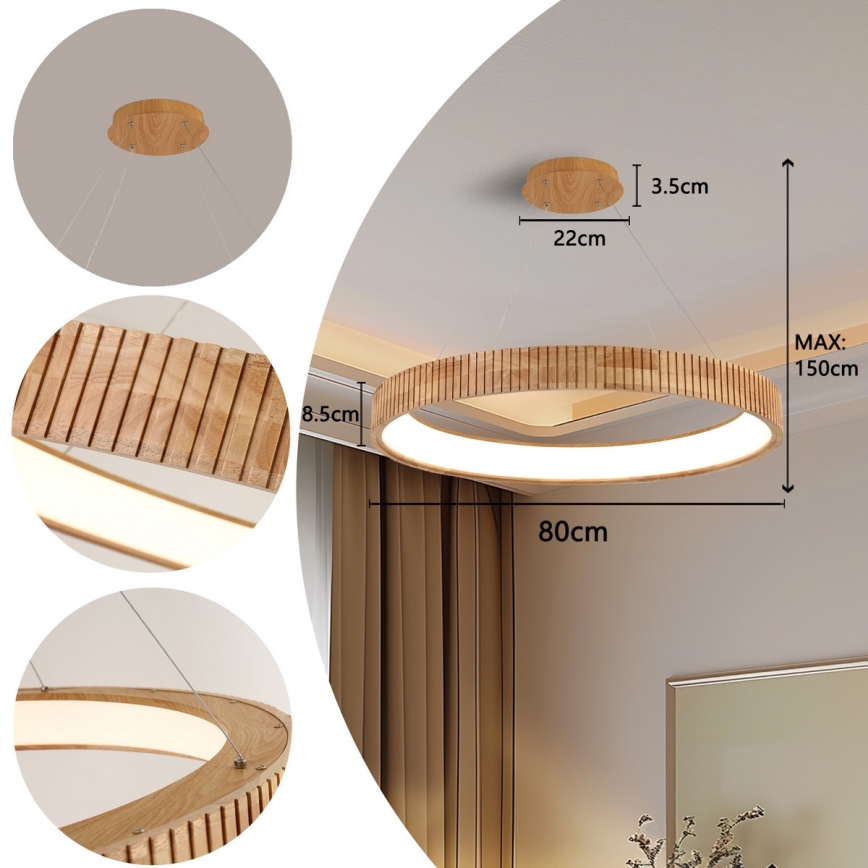 Brilagi - LED-Pendelleuchte mit Seil FALCON WOOD MODERN LED/60W/230V 3000/4000/6000K Ø 80 cm Holz