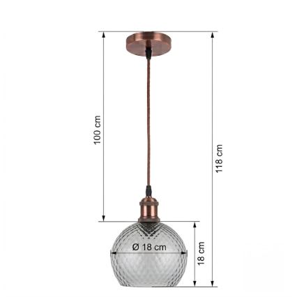 BRILAGI - LED-Pendelleuchte an Kabel RETRO GLASS 1xE27/60W/230V Ø 18 cm Kupfer/Rauchgrau