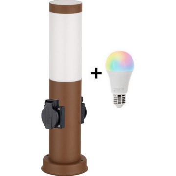 Brilagi - LED RGBW, dimmbare Außenleuchte mit 2 Steckdosen, 1xE27/15W/230V, 2700-6500K, IP44, 40 cm, braun