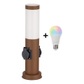 Brilagi - LED RGBW, dimmbare Außenleuchte mit 2 Steckdosen, 1xE27/9W/230V, 2700-6500K, IP44, 40 cm, braun