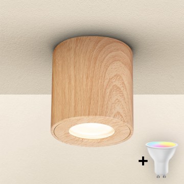 Brilagi - LED RGBW dimmbare Badezimmerleuchte MIA 1xGU10/4,8W/230V 3000K 84x80 mm Eichen-Dekor IP44 + Fernbedienung