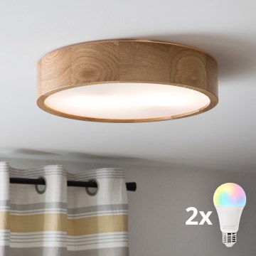 Brilagi - LED RGBW dimmbare Deckenleuchte CARVALHO 2xE27/9W/230V 2700-6500K Wi-Fi Eiche Ø 37,5 cm