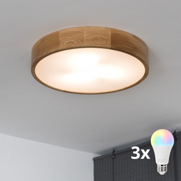 Brilagi - LED RGBW dimmbare Deckenleuchte CARVALHO 3xE27/9W/230V 2700-6500K Wi-Fi Eiche Ø 47,5 cm