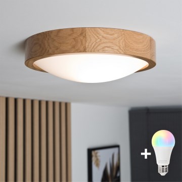 Brilagi - LED RGBW dimmbare Deckenleuchte CARVALHO SLIM 1xE27/9W/230V 2700-6500K Wi-Fi Eiche Ø 27 cm