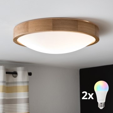 Brilagi - LED RGBW dimmbare Deckenleuchte CARVALHO SLIM 2xE27/9W/230V 2700-6500K Wi-Fi Eiche Ø 37 cm