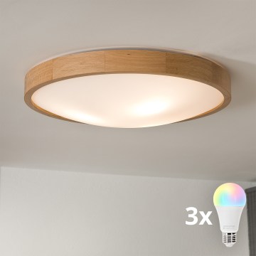 Brilagi - LED RGBW dimmbare Deckenleuchte CARVALHO SLIM 3xE27/15W/230V 2700-6500K Wi-Fi Eiche Ø 47 cm