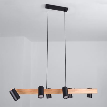 Brilagi - LED RGBW dimmbare Pendelleuchte mit Seilabhängung SELE 6xGU10/6,5W/230V 2700-6500K schwarz/Eichen-Dekor + Fernbedienung