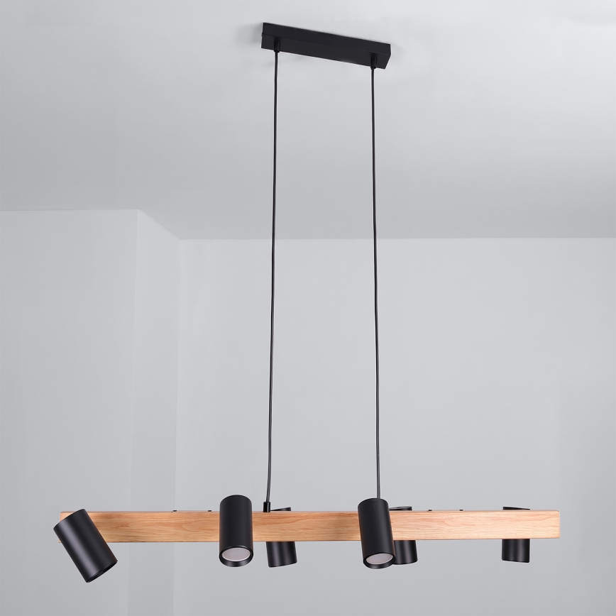 Brilagi - LED RGBW dimmbare Pendelleuchte mit Seilabhängung SELE 6xGU10/6,5W/230V 2700-6500K schwarz/Eichen-Dekor + Fernbedienung