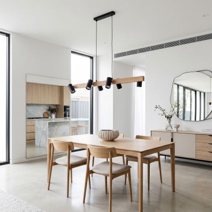 Brilagi - LED RGBW dimmbare Pendelleuchte mit Seilabhängung SELE 6xGU10/6,5W/230V 2700-6500K schwarz/Eichen-Dekor + Fernbedienung