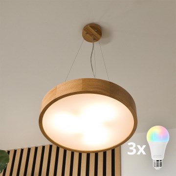 Brilagi - LED RGBW dimmbare Hängeleuchte CARVALHO 3xE27/15W/230V 2700-6500K Wi-Fi Eiche Ø 47,5 cm