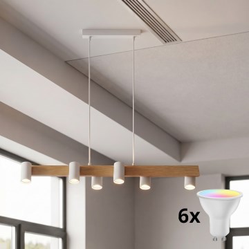 Brilagi - LED RGBW dimmbare Pendelleuchte an Kabel SELE 6xGU10/6,5W/230V 2700-6500K weiß/Eichendekor + Fernbedienung