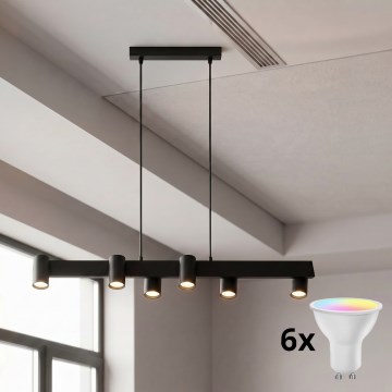 Brilagi - LED RGBW dimmbare Pendelleuchte an Seil SELE 6xGU10/6,5W/230V 2700-6500K schwarz + Fernbedienung