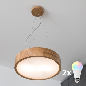Brilagi - LED RGBW dimmbare Pendelleuchte CARVALHO 2xE27/9W/230V 2700–6500K Wi-Fi Eiche Ø 37 cm