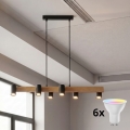 Brilagi - LED RGBW dimmbare Pendelleuchte mit Seilabhängung SELE 6xGU10/6,5W/230V 2700-6500K schwarz/Eichen-Dekor + Fernbedienung