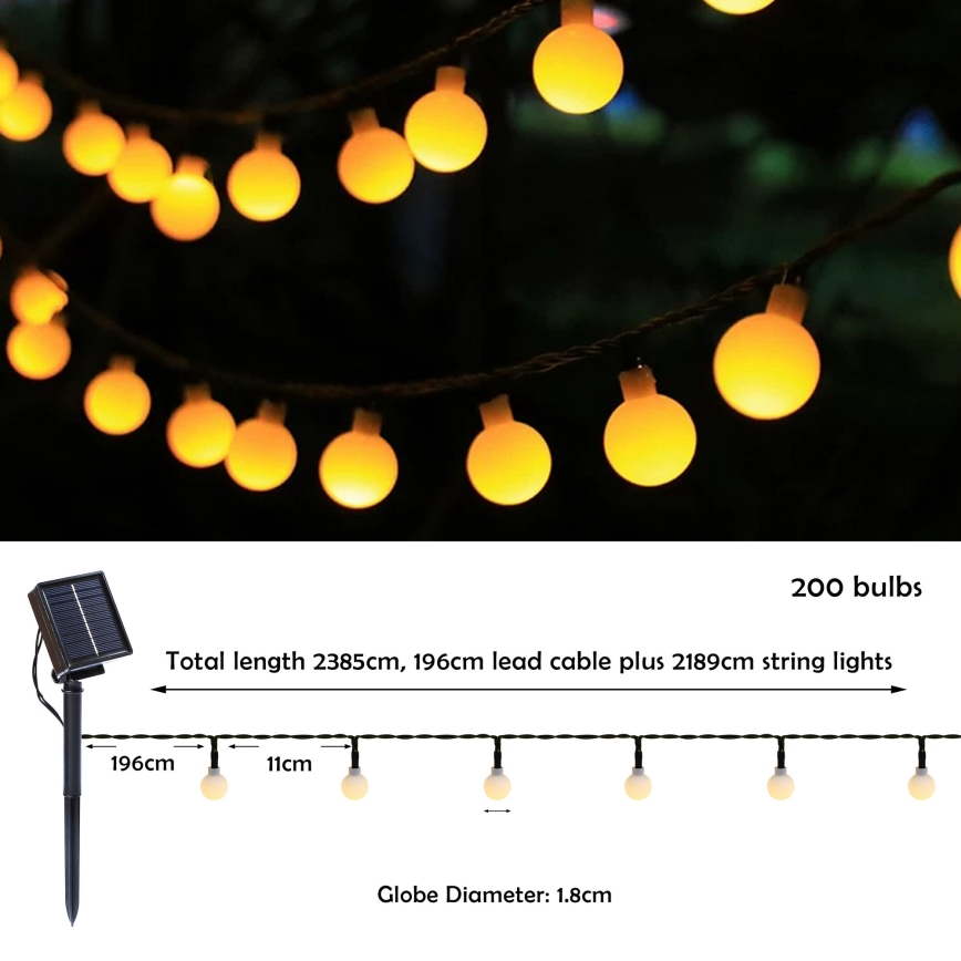 BRILAGI - LED-Solar-Dekorations-Lichterkette BUBBLE, 200 LEDs, 8 Funktionen, 20 m, IP65, warmweiß, 800 mAh