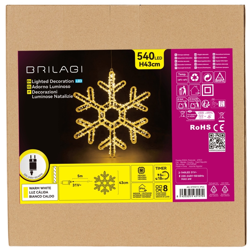 BRILAGI - LED-Außen-Weihnachtsdekoration LED/6W/8 Funktionen 43 cm IP44 Schneeflocke warmweiß