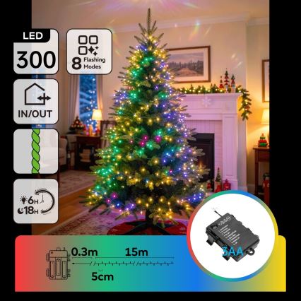 BRILAGI - LED-Weihnachtslichterkette für den Außenbereich 300xLED/3xAA/8 Funktionen 15,3m IP44 mehrfarbig