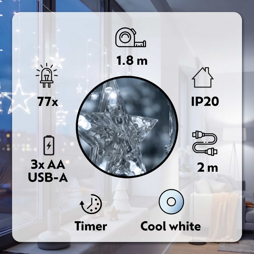 BRILAGI - LED-Weihnachtslichtervorhang 77xLED/3xAA/USB 1,8m kaltweiß