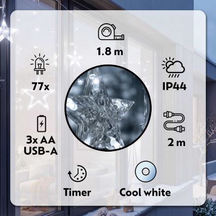 BRILAGI - LED-Weihnachtslichtervorhang für Außenbereiche 77xLED/3xAA/USB 1,8m IP44 kaltweiß