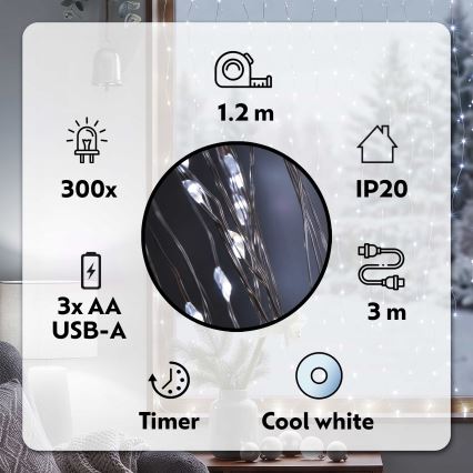 BRILAGI - LED Weihnachtsvorhang 300xLED/8 Funktionen/3xAA/USB 1,2m kaltweiß