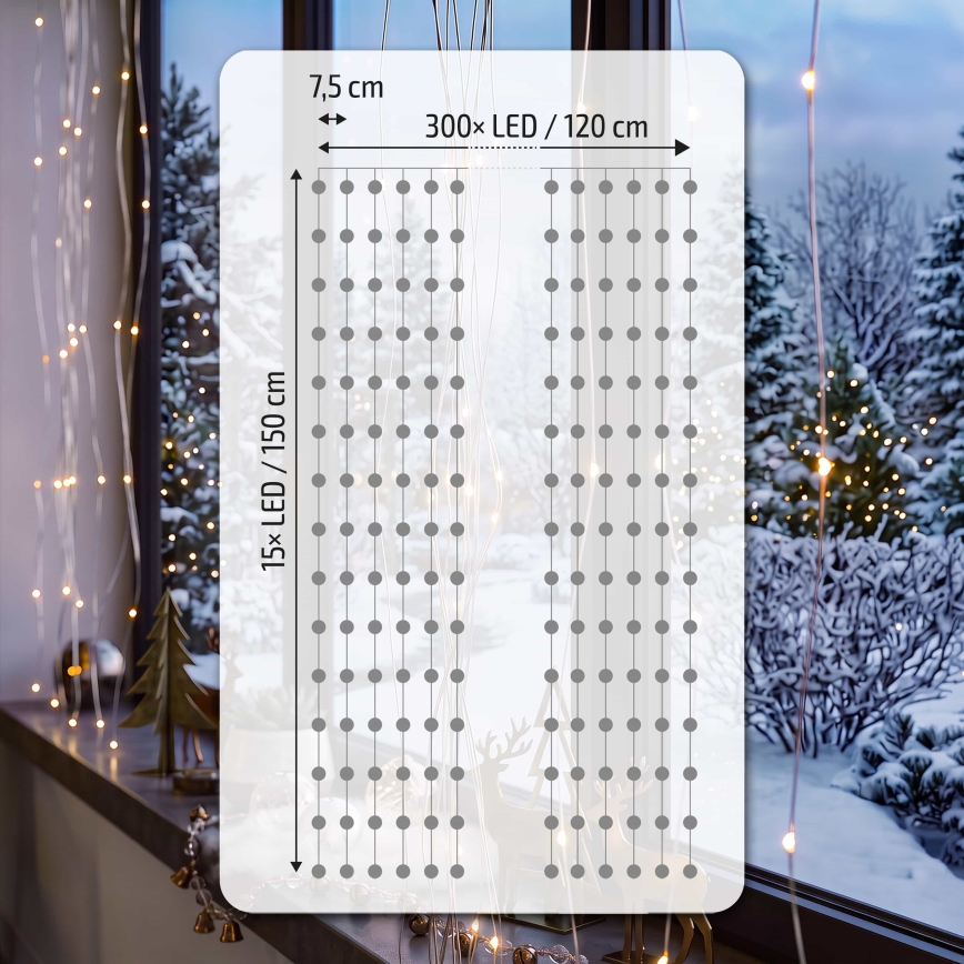 BRILAGI - LED-Weihnachtsvorhang 300xLED/8 Funktionen/3xAA/USB 1,2m warmweiß