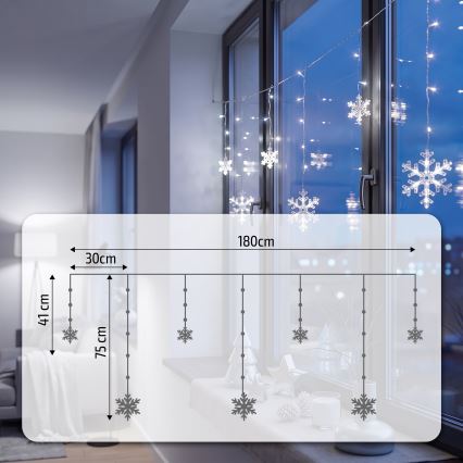 BRILAGI - LED Weihnachtsvorhang 77xLED/3xAA/USB 3,8m Schneeflocken kaltweiß