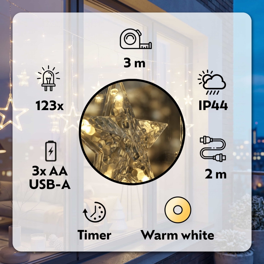 BRILAGI - LED Weihnachtsvorhang für den Außenbereich 123xLED/3xAA/USB 3m IP44 warmweiß