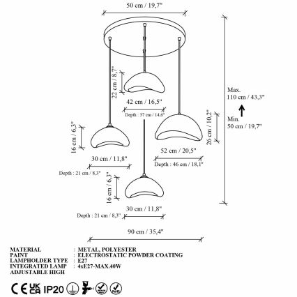 Brilagi - Pendelleuchte an Drahtseil WABI SABI 4xE27/40W/230V Ø 90 cm weiß