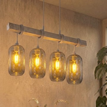 BRILAGI - Pendelleuchte an Kabel WOOD GLASS 4xE27/60W/230V Kiefer/Grau/Rauchgrau