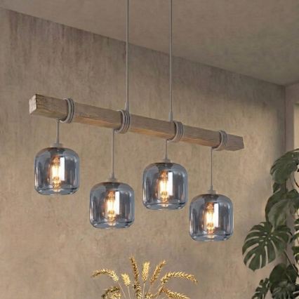 BRILAGI - Hängeleuchte mit Seilaufhängung WOOD GLASS 4xE27/60W/230V Kiefer/Grau/Rauchgrau
