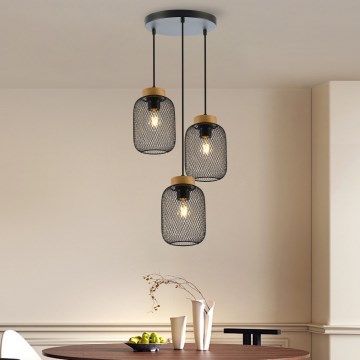 Brilagi - Pendelleuchte an Stahlseil BASKLITE 3xE27/15W/230V Gummibaumholz/schwarz