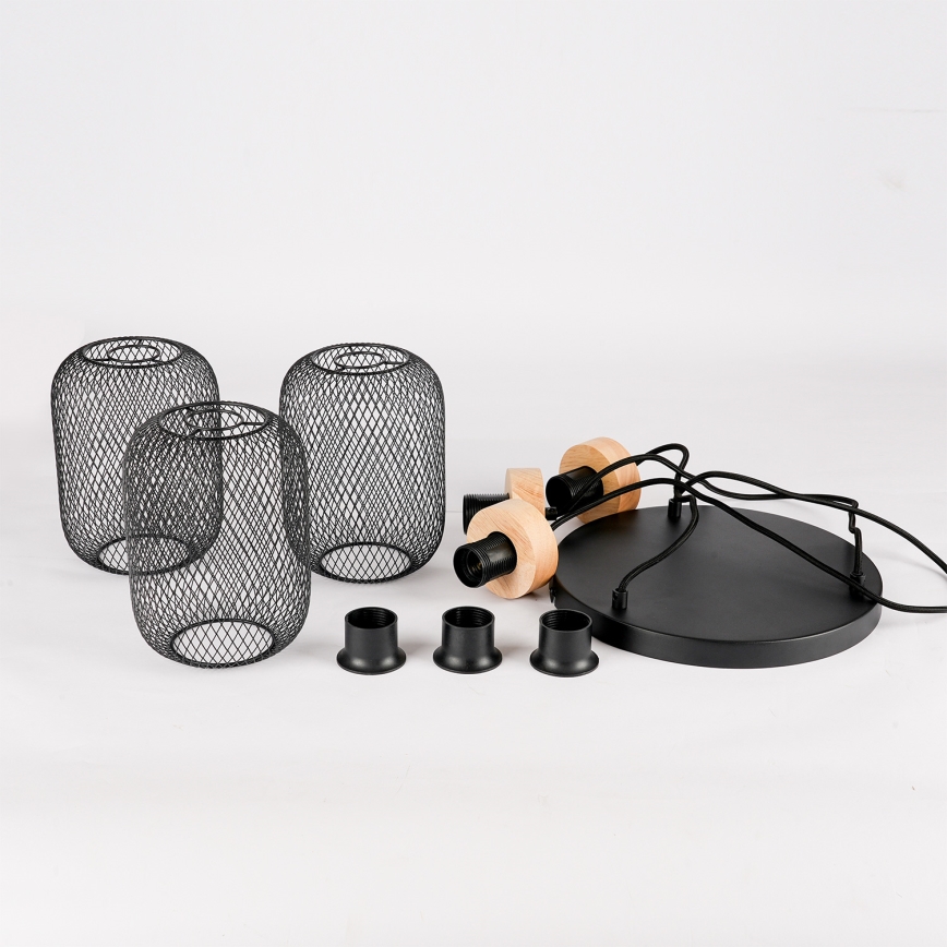 Brilagi - Pendelleuchte an Stahlseil BASKLITE 3xE27/15W/230V Gummibaumholz/schwarz