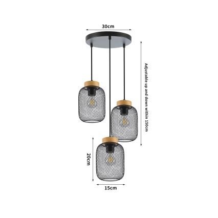 Brilagi - Pendelleuchte an Stahlseil BASKLITE 3xE27/15W/230V Gummibaumholz/schwarz